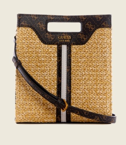 גס תיק יד כתף קש משולב עם שחור GUESS Kasinta Raffia Mini Cutout Tote - Adiss