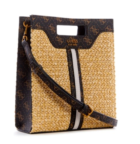גס תיק יד כתף קש משולב עם שחור GUESS Kasinta Raffia Mini Cutout Tote - Adiss