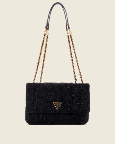 גס תיק כתף צד בצע שחור מנצנץ GUESS Cessily Tweed Convertible Crossbody - Adiss