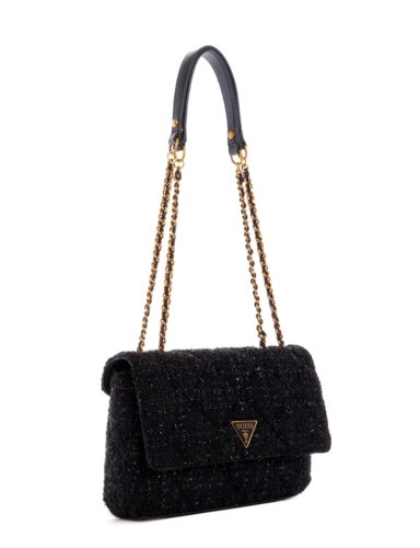 גס תיק כתף צד בצע שחור מנצנץ GUESS Cessily Tweed Convertible Crossbody - Adiss