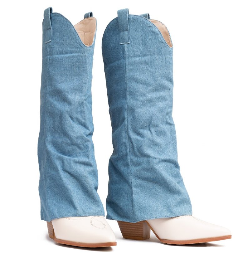 מגף טקסס - מגף בוקרים בצבע בז' בשילוב שרוול בד ג'ינס - Adiss