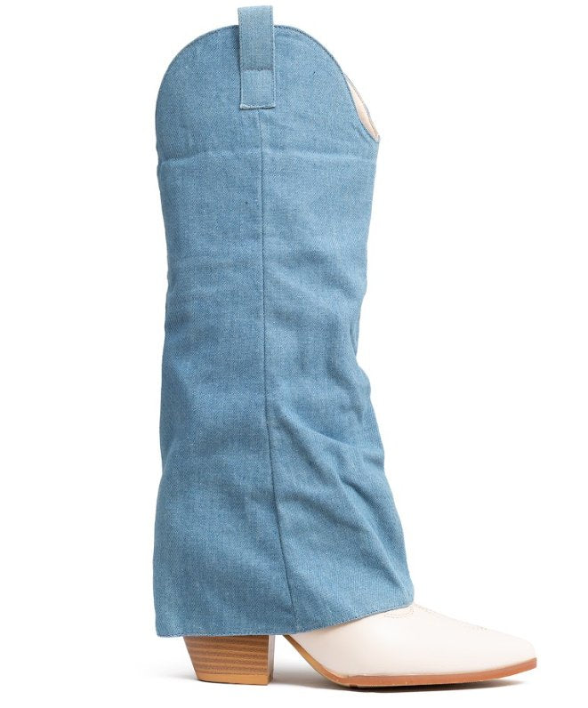מגף טקסס - מגף בוקרים בצבע בז' בשילוב שרוול בד ג'ינס - Adiss