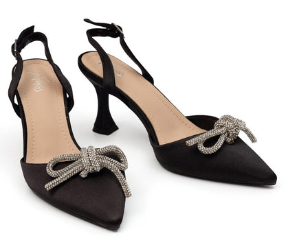 ונישיין- נעלי עקב סאטן עם פפיון אבנים בצבע שחור - Adiss